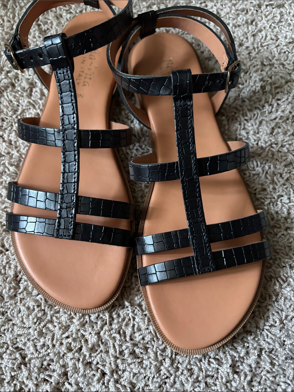 Bella Vita Black Croc-Textured T-Strap Sandals